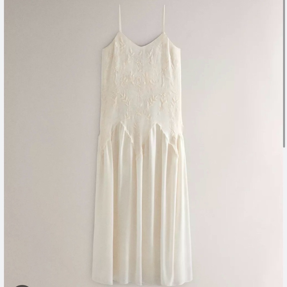 Zara Embroided Spaghetti Strap Ivory Slip Dress